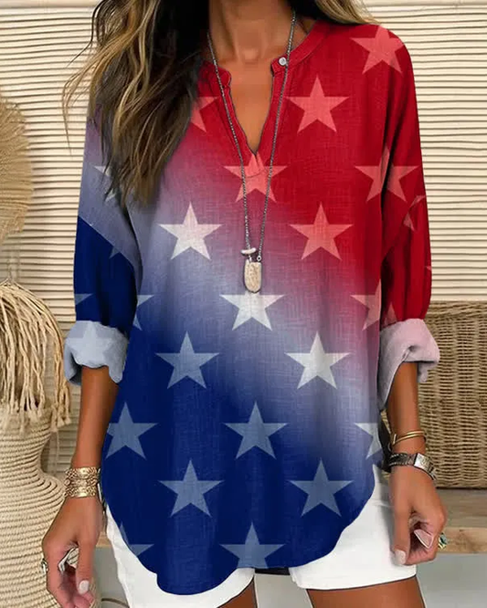 Gradient Stars V-Neck Long Sleeve Blouse
