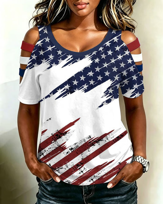 Graffiti American Flag Round Neck Hollowed-out Short Sleeve Top