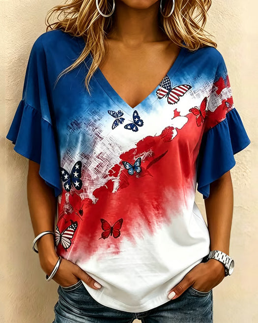 Graffiti Striped Butterfly V-Neck Lace Sleeve T-shirt