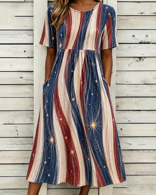 National Flag Color Wavy Stripes Print Pocket Casual Dress