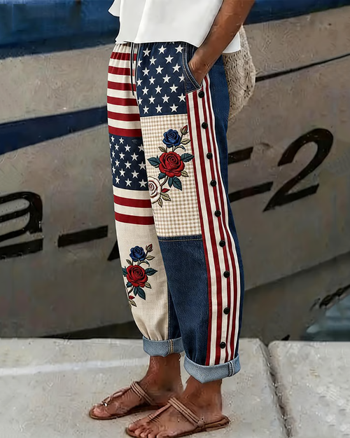 National Flag Floral Stripe Patch Print Casual Pants