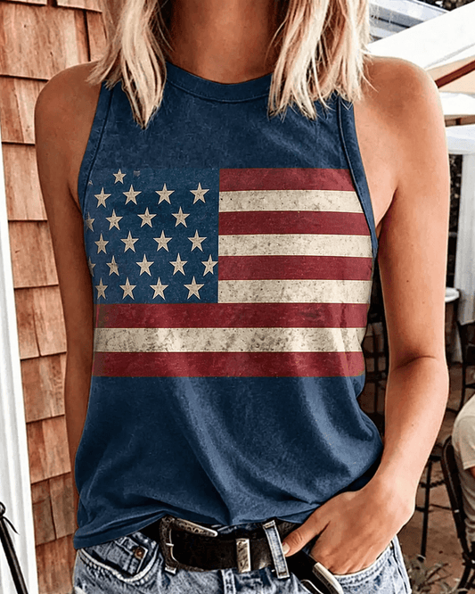 Retro American Flag Print Round Neck Sleeveless Vest