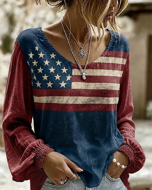 Retro American Flag Color Blocking Print Round Neck Puff Sleeves Blouse