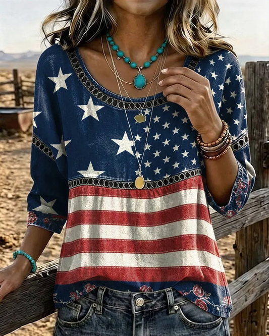 Retro American Flag Print Round Neck Blouse