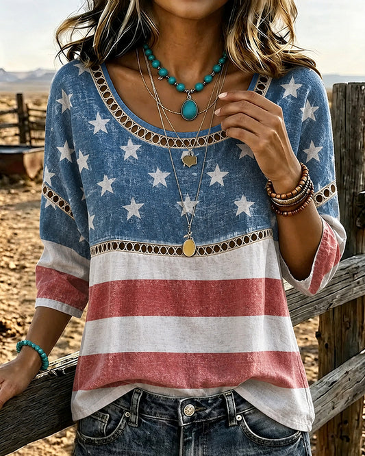 Retro American Flag Print Round Neck Blouse