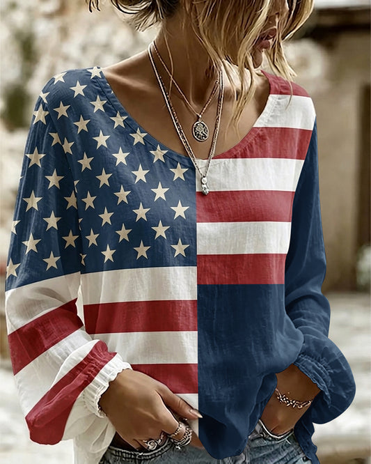 Retro USA 250th Anniversary 2026 Print Round Neck Puff Sleeves Blouse