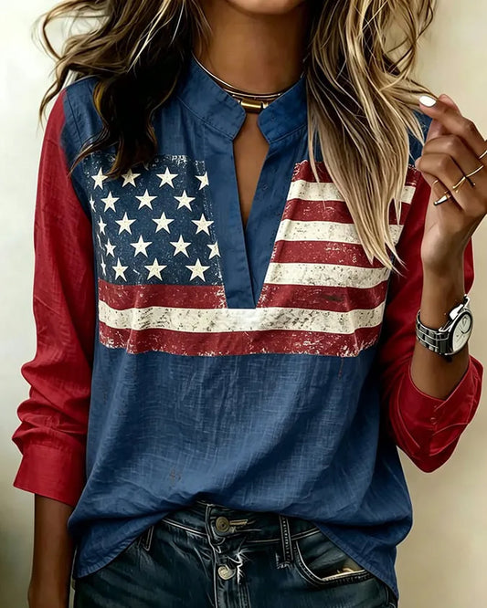 Retro flag print deep V long-sleeved Blouse