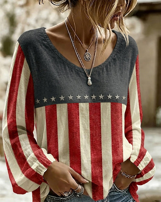 Retro Striped Star Color Blocking Print Round Neck Puff Sleeves Blouse