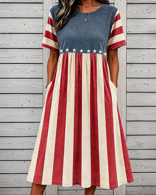Retro Striped Star Patchwork Print Pocket Casual Dress