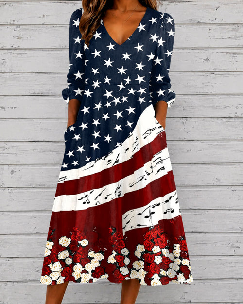 Rose and Star Patchwork V-neck Puff Sleeve Casual Dress