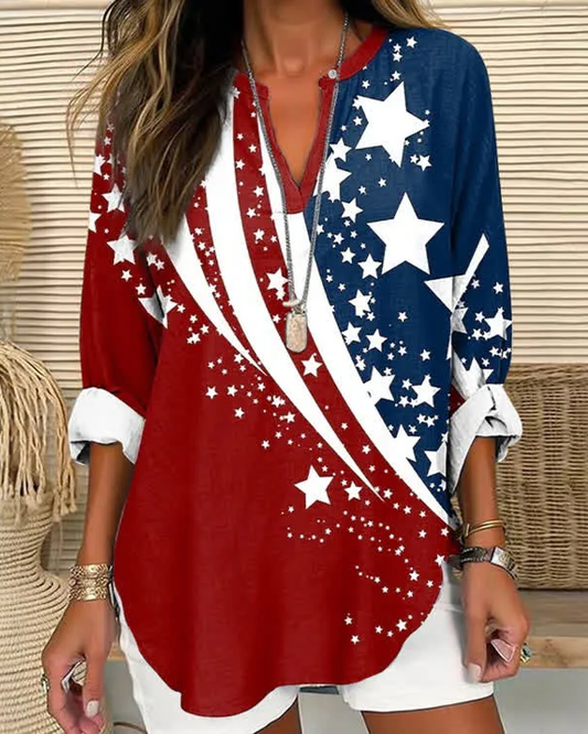 Star and Stripe Colorblock V-Neck Long Sleeve Blouse