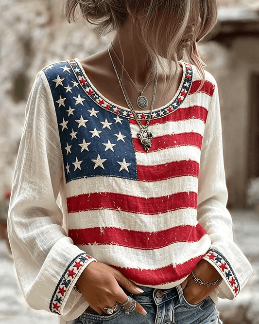 Vintage American Flag Inspired Embroidery Art Print Round Neck Puff Sleeves Blouse