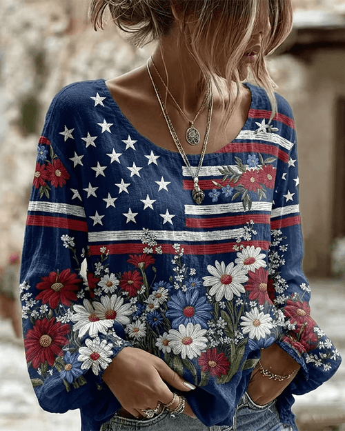Vintage Independence Day Flag Flower Art Print Round Neck Puff Sleeves Blouse