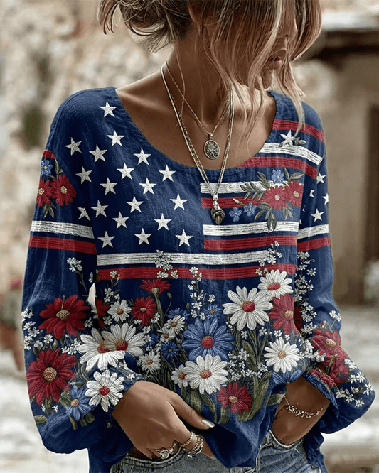 Vintage Independence Day Flag Flower Art Print Round Neck Puff Sleeves Blouse