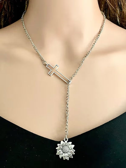 Vintage Sunflower Cross Cactus Western Denim Necklace