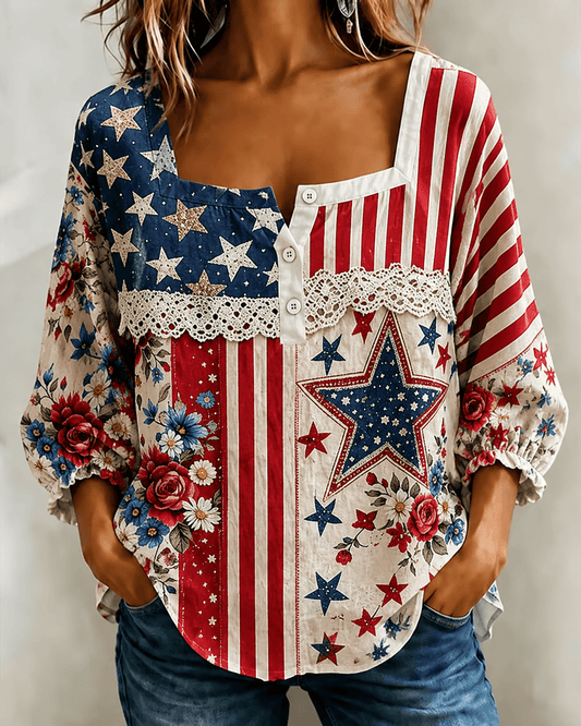 Women's Flag Flower Lace Patchwork Square Neck Casual Blouse