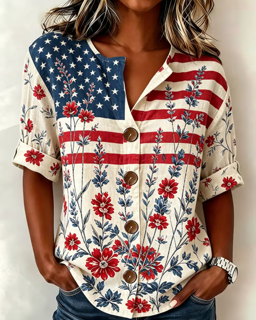 Women's Flag and Flower Button Row Cotton Linen Print Blouse