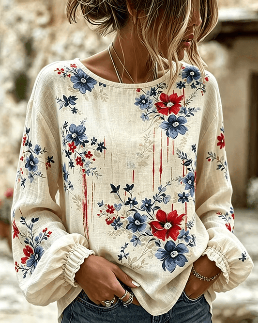 Women's Vintage Floral Art Print Round Neck Puff Sleeves Blouse