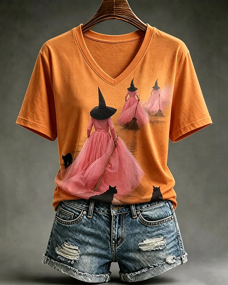 Women's Halloween Witch Black Cat V-neck Short Sleeve T-Shirt