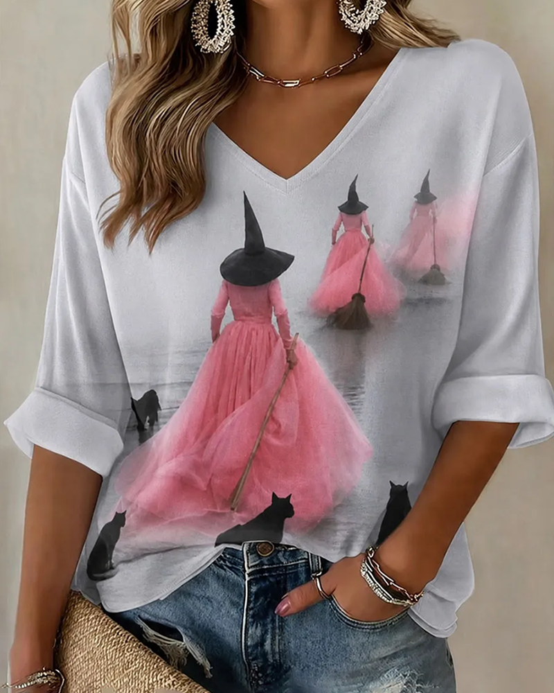 Women's Halloween Witch Black Cat Mid-length V-neck Loose T-shirt