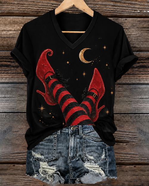 100% Cotton Women's Halloween Witch Boots Art Print V- Neck Short Sleeve Tshirt
