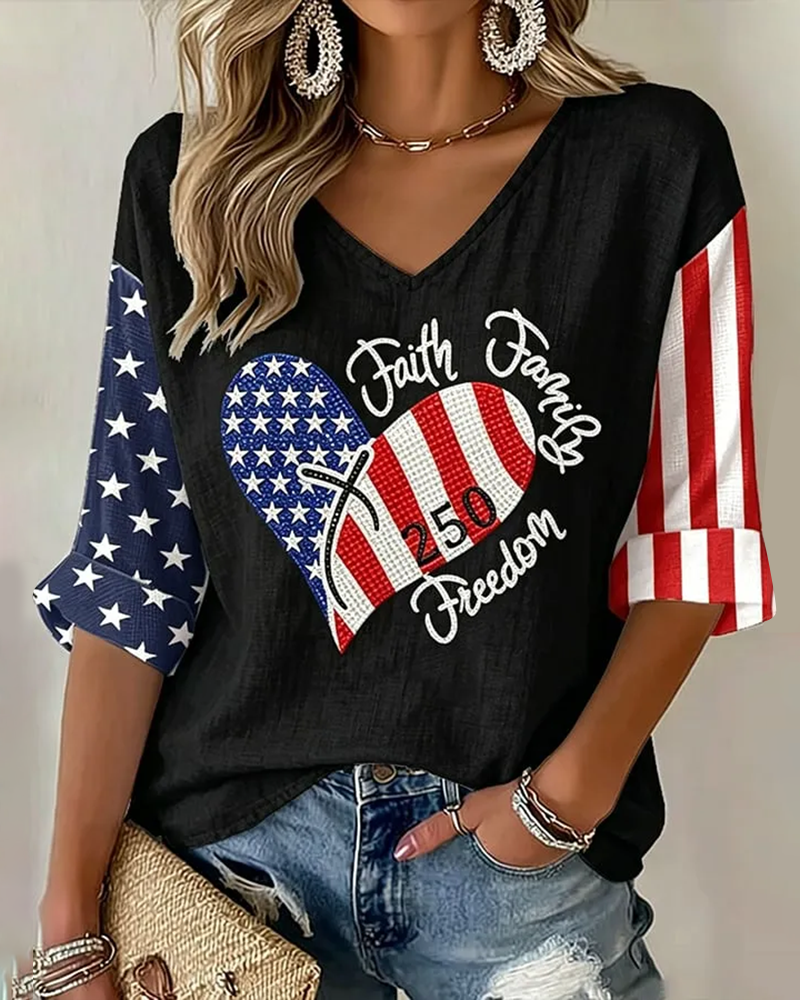 250th Anniversary of The Love and Faith Print V-neck Loose T-shirt