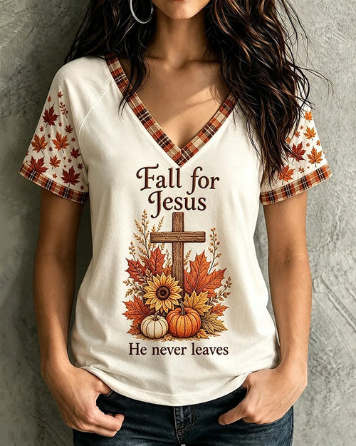 Women's Fall For Jesus He Never Leaves Cross Print V-neck Short Sleeve Tshirt