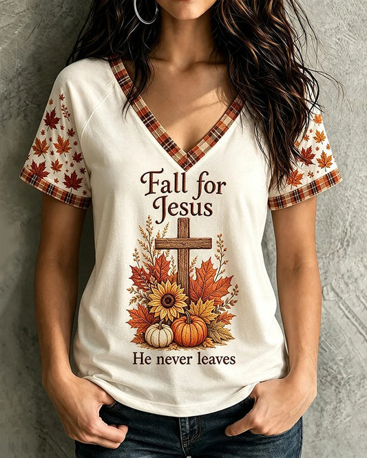 Women's Fall For Jesus He Never Leaves Cross Print V-neck Short Sleeve Tshirt