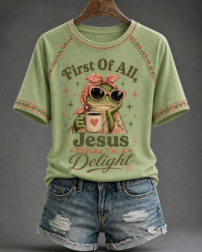 Women's Jesus Thinks I'm A Delight Printed Crew Neck Short Sleeve Tshirt