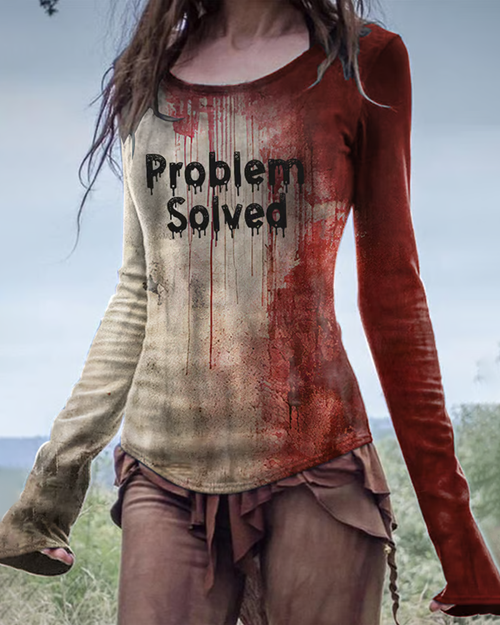 Women's Bloody Problem Solved Halloween V-neck Long-sleeved T-shirt