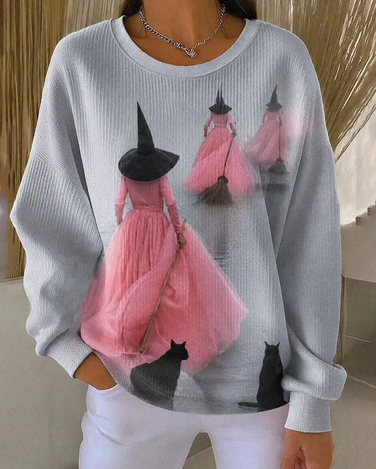 Women's Halloween Witch Black Cat Printed Knitted Ribbed Elastic Sweatshirt