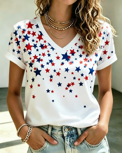 250th Anniversary Star Print V-neck Short Sleeve Tshirt