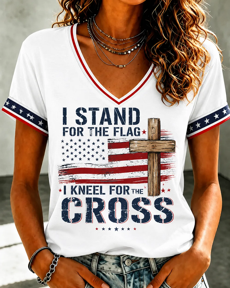 I Kneel for The Cross Print V-neck Short Sleeve Tshirt