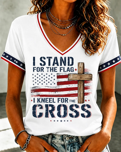 I Kneel for The Cross Print V-neck Short Sleeve Tshirt