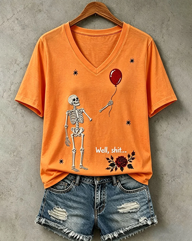 100% Cotton Halloween Fun Skull Balloon Prints V Neck Short Sleeve Tshirt