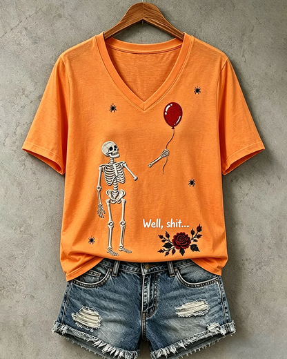 100% Cotton Halloween Fun Skull Balloon Prints V Neck Short Sleeve Tshirt