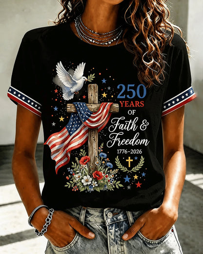 Faith Is Freedom Print Crew Neck Short Sleeve Tshirt