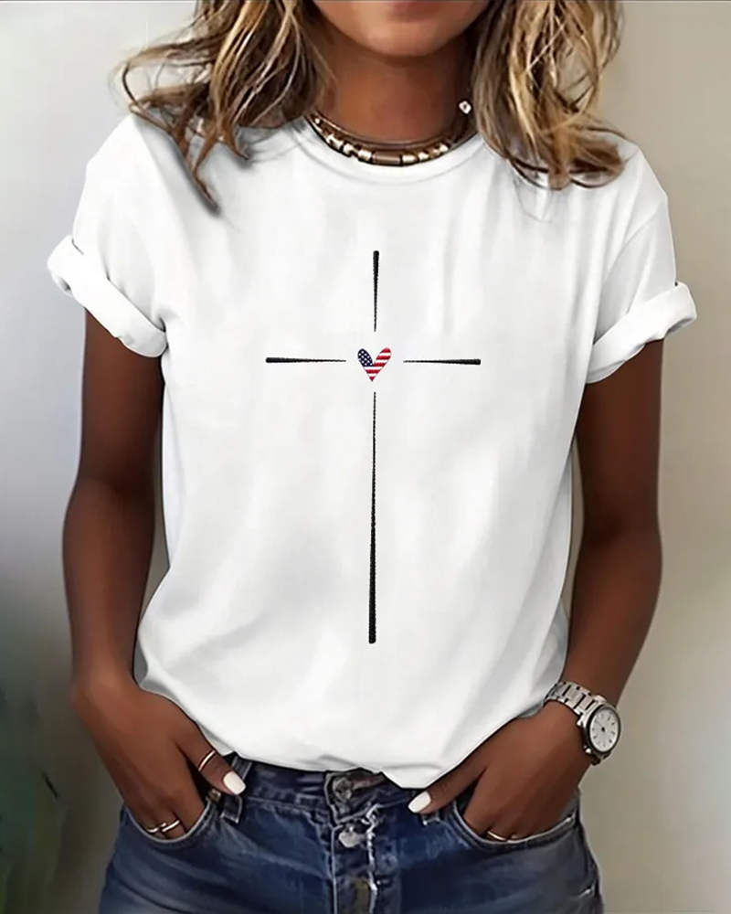 100% Cotton Simple Cross Heart Crew Neck Short Sleeve Tshirt