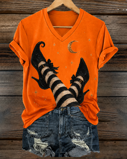 100% Cotton Women's Halloween Witch Boots Art Print V- Neck Short Sleeve Tshirt