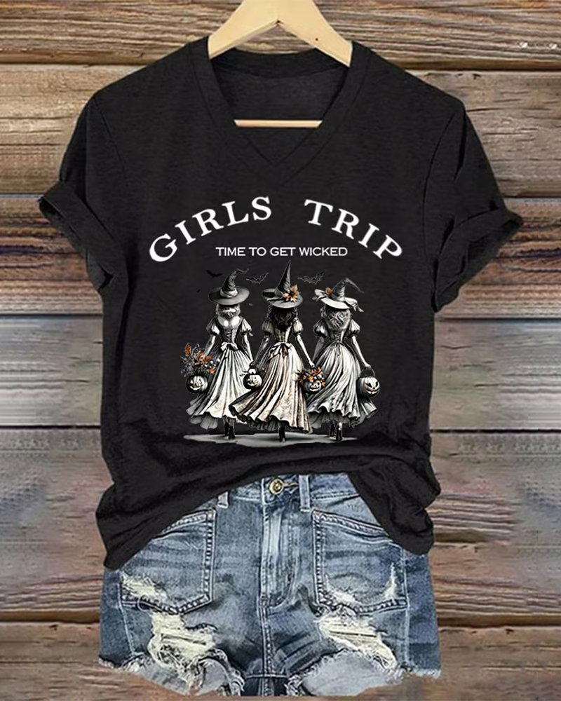 100% Cotton Funny Halloween Witch Girls Trip Time To Get Wicked V Neck Short Sleeve Tshirt