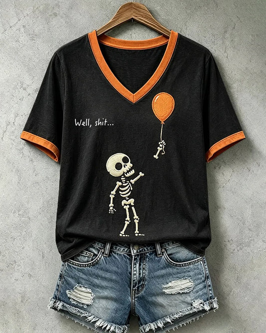 Women's Halloween Gothic Skull V-neck Short Sleeve T-Shirt