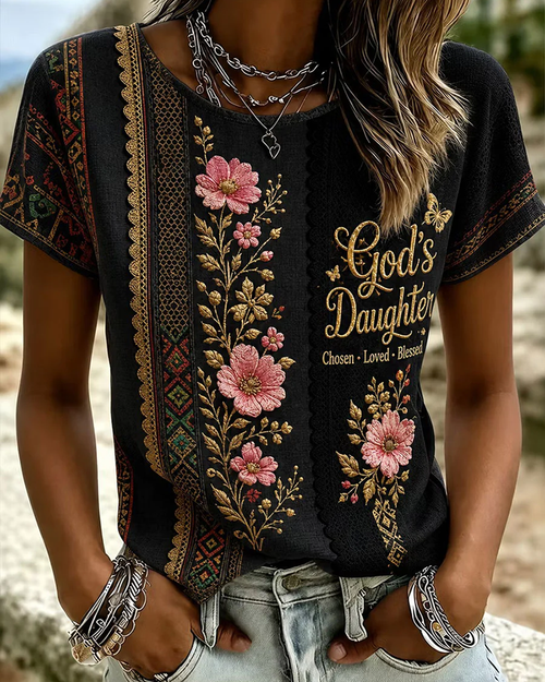 Lace Flowers God's Daughter Print Crew Neck Short Sleeve Tshirt