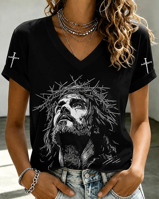 100% Cotton Jesus Portrait Cross Print V Neck Short Sleeve Tshirt