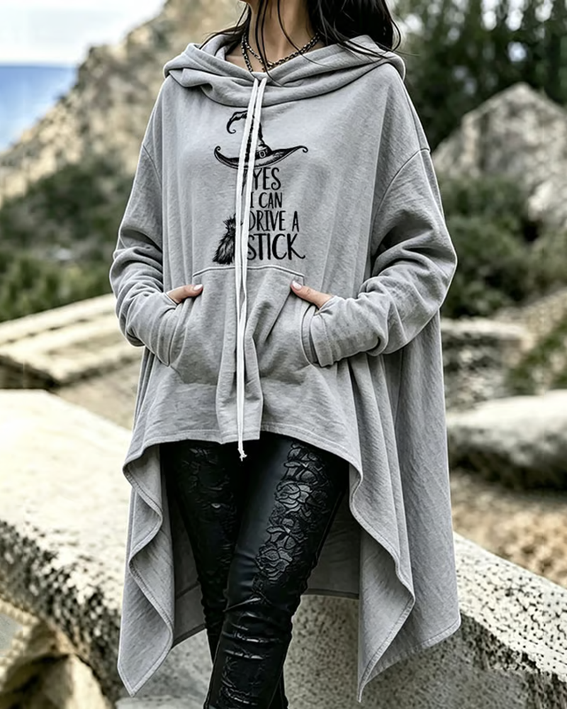 Women's Halloween Witch Hat Printed Loose Irregular Hoodie
