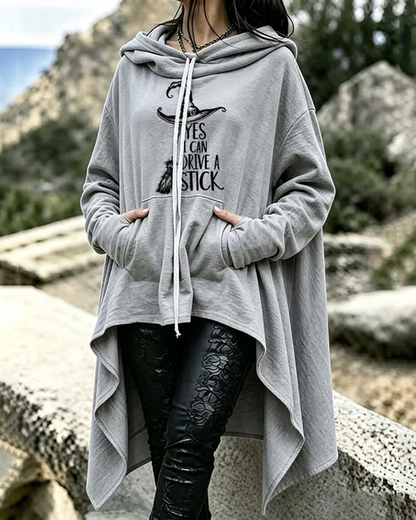 Women's Halloween Witch Hat Printed Loose Irregular Hoodie