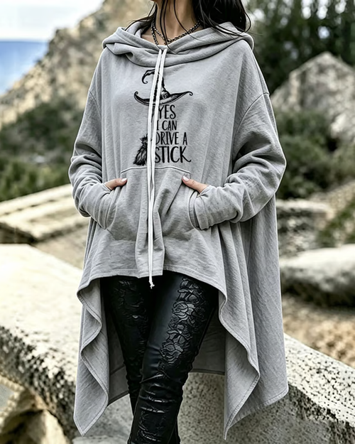 Women's Halloween Witch Hat Printed Loose Irregular Hoodie