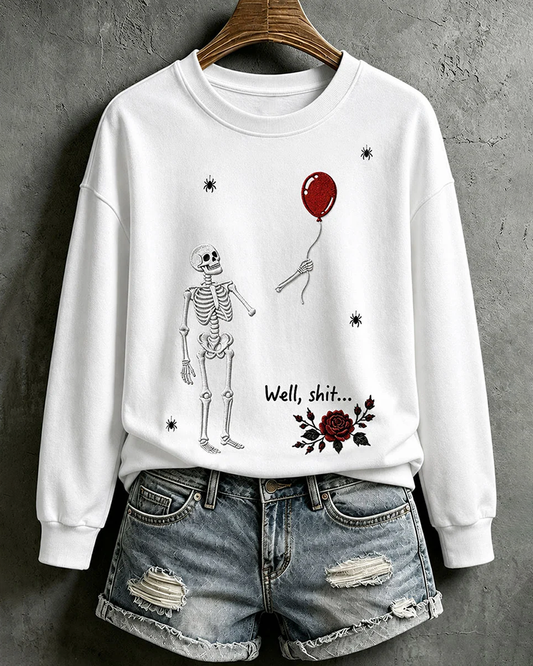Women's Halloween Fun Skull Balloon Prints Round Neck Sweatshirt
