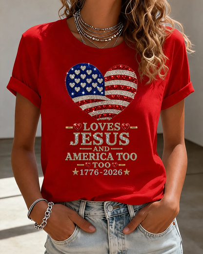 100% Cotton Loves Jesus and America Too Crew Neck Short Sleeve Tshirt