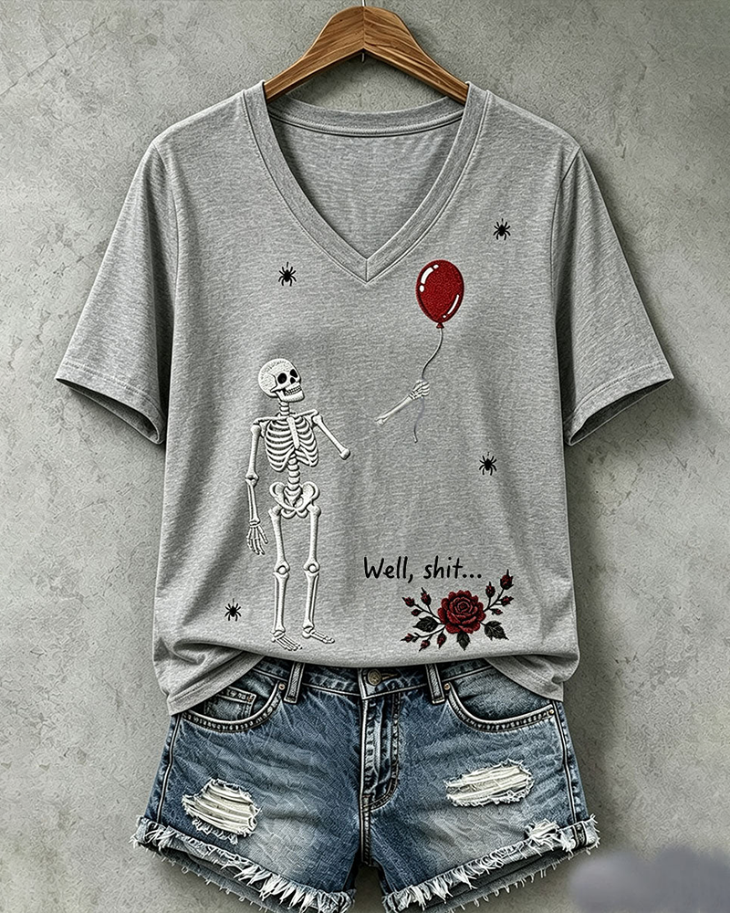 100% Cotton Halloween Fun Skull Balloon Prints V Neck Short Sleeve Tshirt