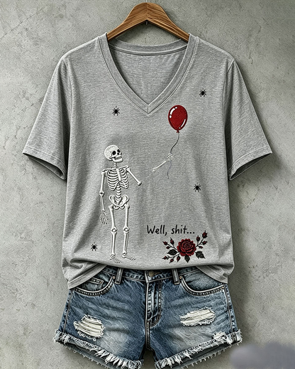 100% Cotton Halloween Fun Skull Balloon Prints V Neck Short Sleeve Tshirt